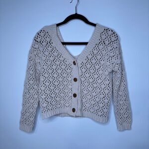 Artelier Nicole Miller Cropped Crochet Chunky Knit Cardigan Beige Size Small